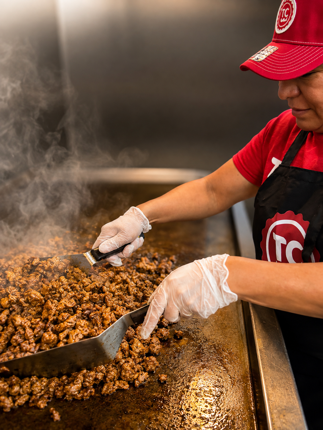 A Ta Canijo cook preparing seasoned meat on a sizzling griddle