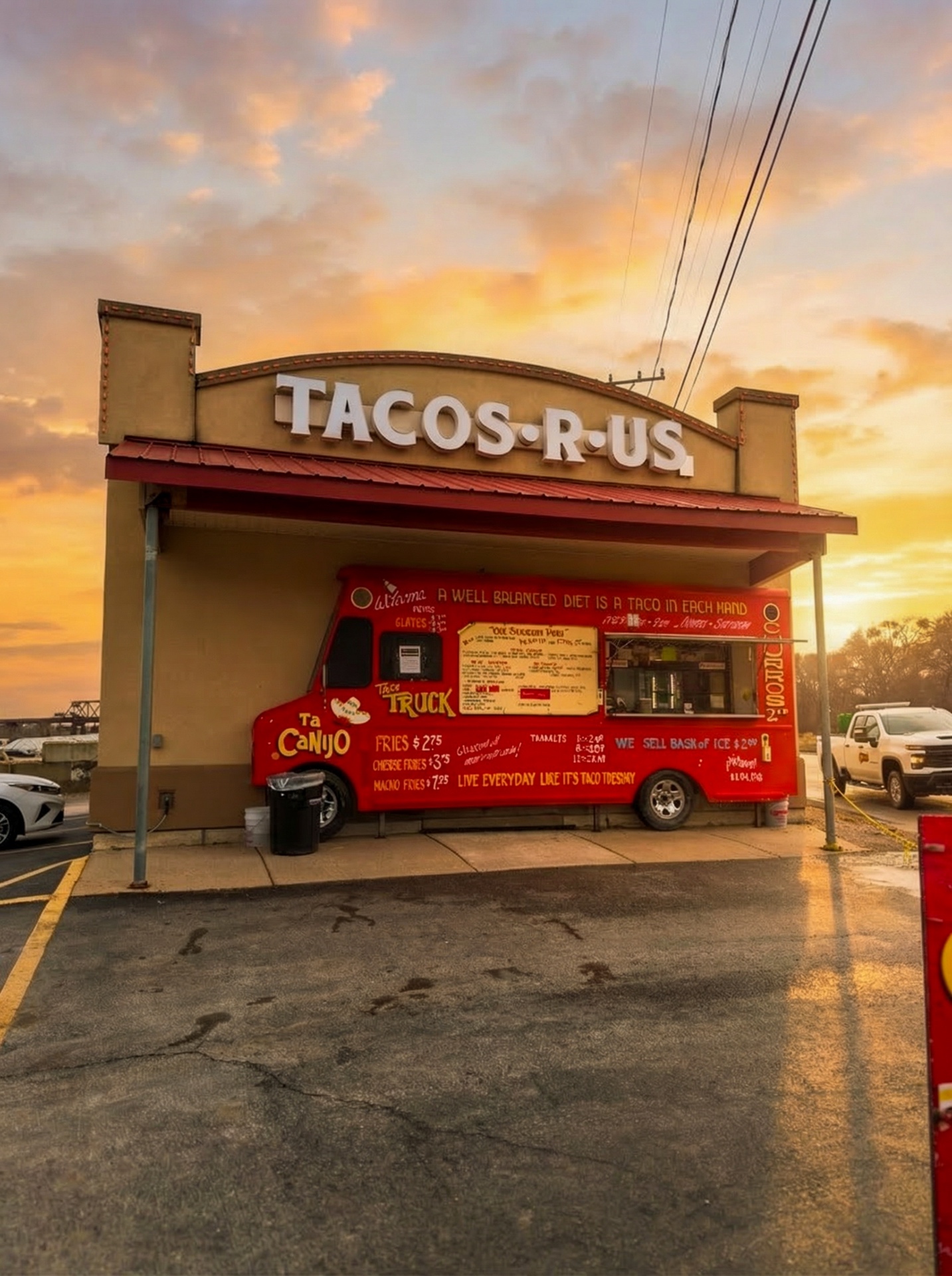 Ta Canijo taco truck at sunset under TACOS-R-US sign