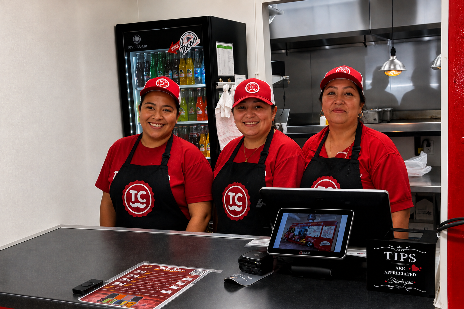 Three smiling Ta Canijo team members in red shirts and black aprons standing behind the counter
