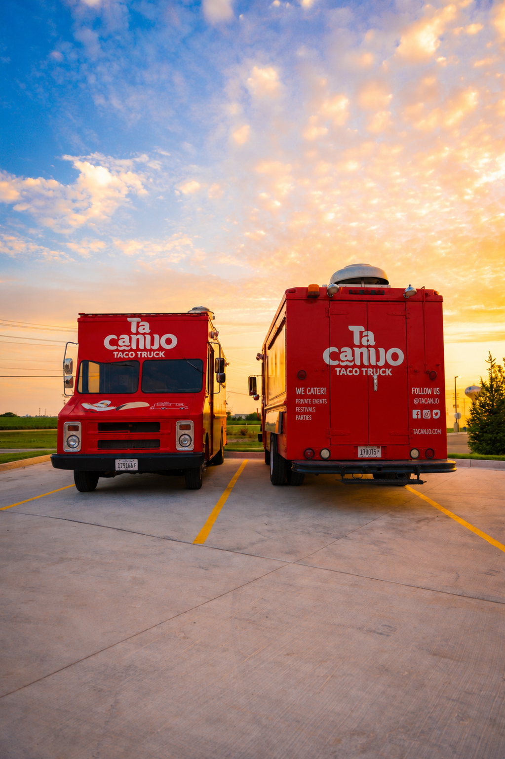 Two Ta Canijo taco trucks parked at sunset